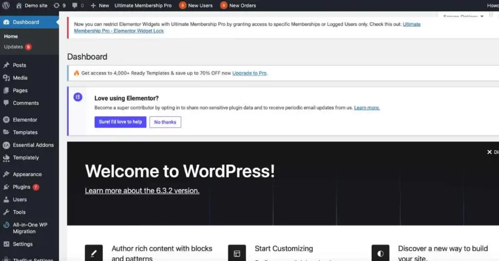 wordpress admin screen